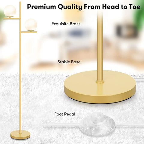 2 Globe Modern Floor Lamp With Foot Pedal Frosted Glass Shades Brass Gold Finish Tall Standing Pole Light base and foot pedal