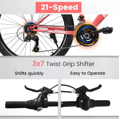 3x7 twist grip shifter on a 24 Inch Female Mountain Bike With Dual V Brakes 21 Speed Shifter High Carbon Frame And Front Suspension Fork