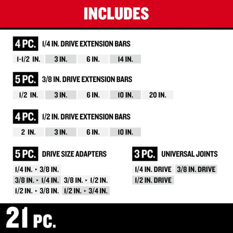 21-Piece Socket Extension And Adapter Set for Tight Spots Built Tough Chrome Finish Corrosion Resistant Quick Size Identification