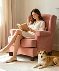 Woman reading on armchair with wood furniture legs 3 inch sofa legs pack of 4 square couch legs brown eco friendly rubber wood