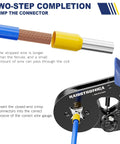 Close-up of All In One Wire Ferrule Kit With 5000 Pcs Insulated Pin Ends Pro Grade 12 Sizes From AWG22 To AWG7 Tinned Copper Terminals crimping tool.