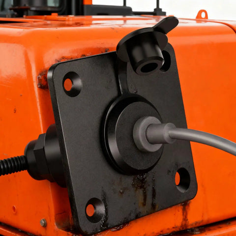 Beefy Metal Electrical Outlet With Slick Ergonomic Plug Design No Sweat Easy Install For Camping Rv Satellites And Mobile Living Spaces Dependable Five Amp Power Rig mounted on orange machine.