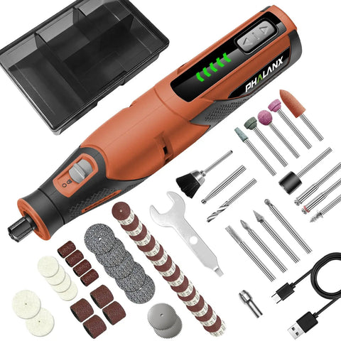Cordless 4V Rotary Tool Kit With All In One 64 Piece Accessory Set 2500mAh LiIon Battery Five Speed Dial in Bright Orange Case