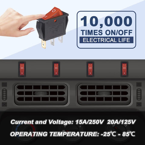 10 Piece Lighted Rocker Switch Kit On Off 3 Pin 2 Position KCD3 SPST with red indicator and voltage details displayed