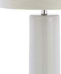 White Ceramic Table Lamp With Chrome Base 31.5 Inch Tall, White Linen Drum Shade, close-up of ceramic column and base