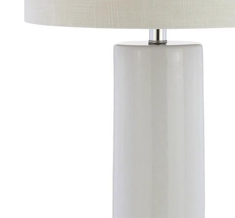 White Ceramic Table Lamp With Chrome Base 31.5 Inch Tall, White Linen Drum Shade, close-up of ceramic column and base