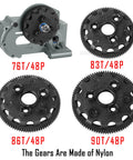 Beefed-Up 48-Pitch Spur Gear Set for 1/10 Scale RC Cars with 76T, 83T, 86T and 90T gears in nylon, compatible with 2WD models.