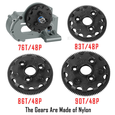 Beefed-Up 48-Pitch Spur Gear Set for 1/10 Scale RC Cars with 76T, 83T, 86T and 90T gears in nylon, compatible with 2WD models.