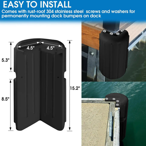 Two Pack Dock Corner Bumpers With Inflatable Fenders For Your Boat Docks No Nonsense Protection With Rugged Marine Grade Vinyl Guard And Stainless Hardware Included 8 By 16 Inches Black installed on dock corner with screws.