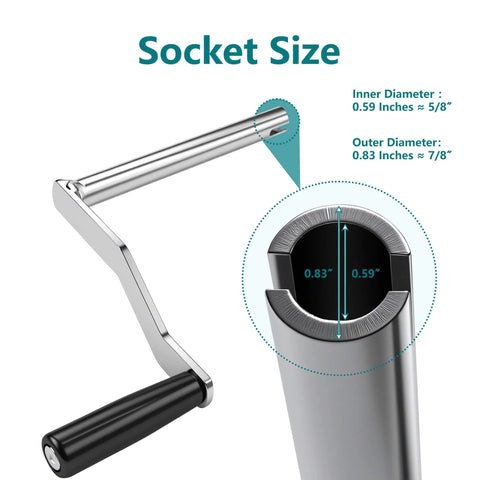 Heavy Duty Iron Crank Handle Replacement For Pop Up Campers showing socket size and dimensions for Fleetwood and Coachmen."