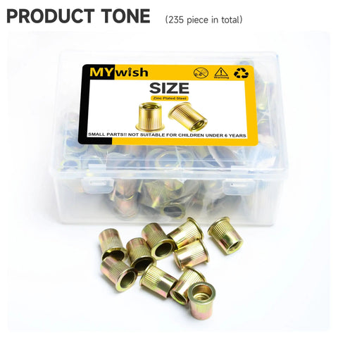 Two Hundred Pcs 10 32 Rivet Nuts Kit With Yellow Zinc Carbon Steel Flat Head Knurled Rivet Nuts For Wood And Metal Nutsert Rivnuts