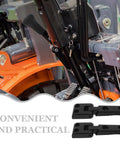 Rugged Heavy Duty Forklift Hood Hinge Kit 2 Pack with dual shaft for easy maintenance shown near forklift engine area.