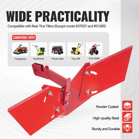 Hiller Furrower Kit For Rear Tine Tiller With Adjustable Wing, 3 Connection Types, red powder-coated steel, compatible with Husqvarna.