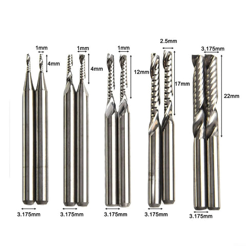 Front view of 10-piece carbide end mill and upcut router bit set with 1/8 in shanks for CNC milling