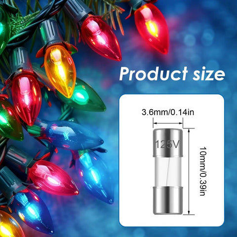 20 Pack Fast Blow Glass Fuses 3A 125V 3.6x10mm For Cars, Home Electronics, And Mini Christmas Lights, size illustration with lights