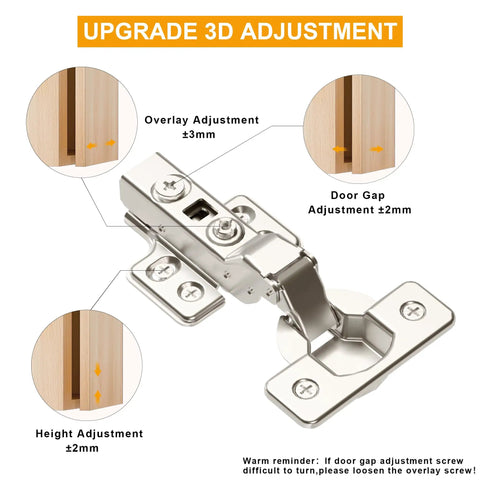 3D adjustable Half Overlay Soft Close Cabinet Hinges for Frameless Cabinets with four-hole mounting, nickel plated
