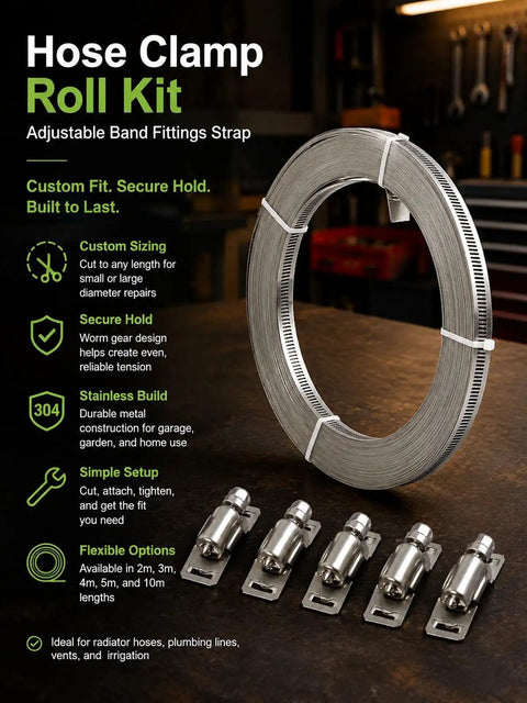 Heavy Duty Hose Clamp Roll Kit With Adjustable Metal Bands And Worm Gears For Custom Sizing, Secure Grip On Silicone Hoses And PVC Pipes, Ultimate Band Fittings Strap Solution For Auto Repair And Plumbing Jobs, stainless steel roll and clamps