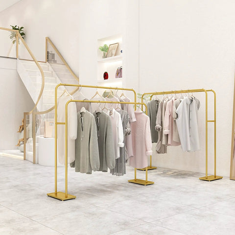 Beefy Double Pole Clothes Rack Heavy Duty Metal Coat Display Stand Gold Floor Standing Drying Rack For Clothing Shop 150cm