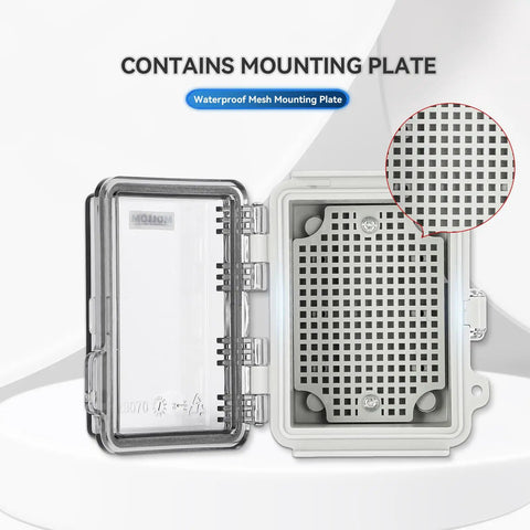 Rugged Outdoor Junction Box With IP67 Waterproof Rating And Hinged Transparent Cover with mounting plate in focus, 120x90x70mm