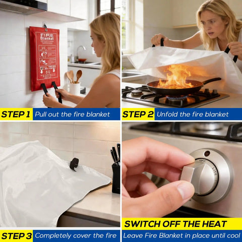 4 Pack Fire Blanket 40x40 Inches Fiberglass Emergency Fire Safety For Home Kitchen Grill Car Garage Office School Welding And Outdoor Use Smothers Fires Quickly And Helps You Escape Safely, demonstrating usage steps.