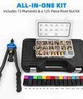 Rivet Nut Tool Kit 16 Inch Set With 15 Metric And SAE Mandrels, 125 Piece Rivet Nut Assortment, Rugged Carrying Case, Pro Grade Built For Sheet Metal And Auto Projects displayed with open case and tools.