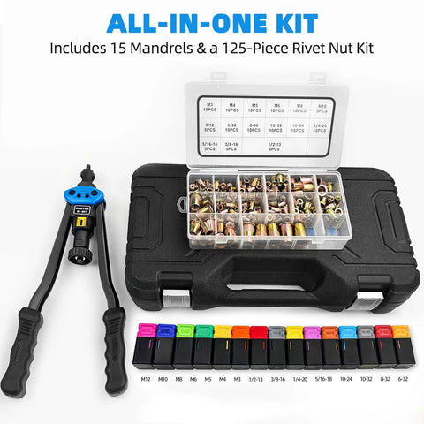 Rivet Nut Tool Kit 16 Inch Set With 15 Metric And SAE Mandrels, 125 Piece Rivet Nut Assortment, Rugged Carrying Case, Pro Grade Built For Sheet Metal And Auto Projects displayed with open case and tools.