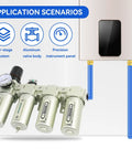 Heavy Duty Half Inch Compressor Air Dryer With Four Stage Dual Filter Rig And Auto Drain Valve showing aluminum body and precision panel.