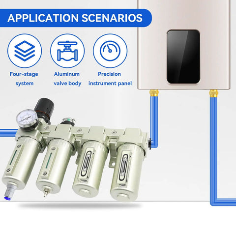 Heavy Duty Half Inch Compressor Air Dryer With Four Stage Dual Filter Rig And Auto Drain Valve showing aluminum body and precision panel.