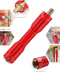 Red 8 In 1 Faucet And Sink Installer Wrench For Plumbing Repairs, showing 10.3in handle, inserts, and usage for corner nuts and sinks.