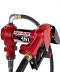Heavy Duty Cast Iron Fuel Transfer Pump With Automatic Nozzle And Discharge Hose, 15 Gallons Per Minute 115 Volt Motor, Built Like A Tank For Gas Diesel And Kerosene - close-up view of red pump with nozzle and hose.