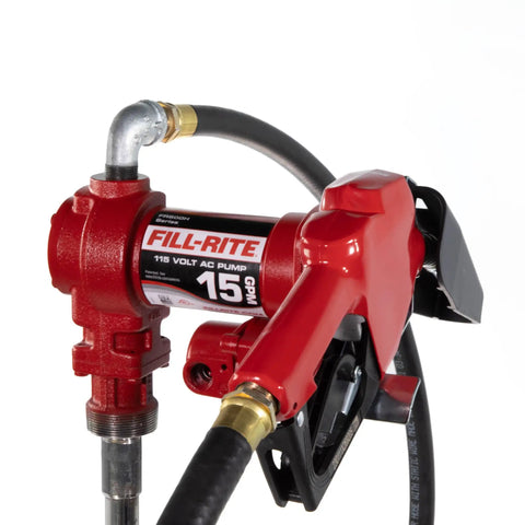 Heavy Duty Cast Iron Fuel Transfer Pump With Automatic Nozzle And Discharge Hose, 15 Gallons Per Minute 115 Volt Motor, Built Like A Tank For Gas Diesel And Kerosene - close-up view of red pump with nozzle and hose.