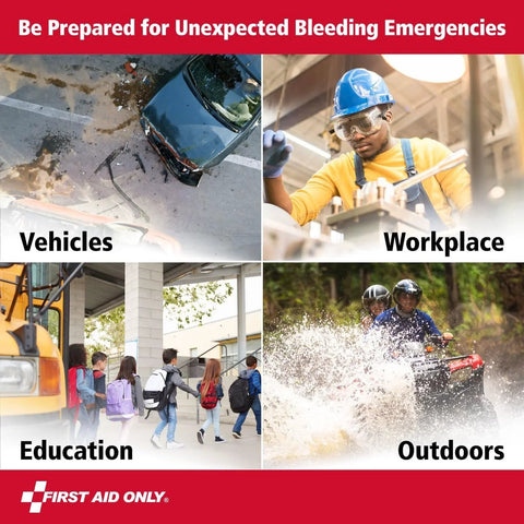 First Aid Only 91512 bleeding control kit for limb wounds collage showing vehicles, workplace, education, and outdoors.