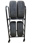 Street Ready Heavy Duty Tire Rack For Your Local Garage Floor Standing Dual Tier Wheel Storage Cart Adjustable Height Steel Frame Swaps Rims Quick Without The Fuss In Black showing four tires stacked on a heavy-duty cart.