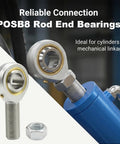 Set Of 4 POSB8 Rod End Bearings With Jam Nuts, 1/2 Inch Bore, 1/2-20 Right Hand Thread, Male Joint, Self Lubricating, Ideal For Racing, Off Road And Industrial Equipment, Heavy Duty Linkage, shown mounted on a cylinder