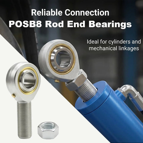Set Of 4 POSB8 Rod End Bearings With Jam Nuts, 1/2 Inch Bore, 1/2-20 Right Hand Thread, Male Joint, Self Lubricating, Ideal For Racing, Off Road And Industrial Equipment, Heavy Duty Linkage, shown mounted on a cylinder
