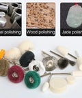 150-Piece Polishing Buffing Wheel Set For Rotary Tool With 3mm Shank, showcasing various abrasive wheels for metal, wood, jade