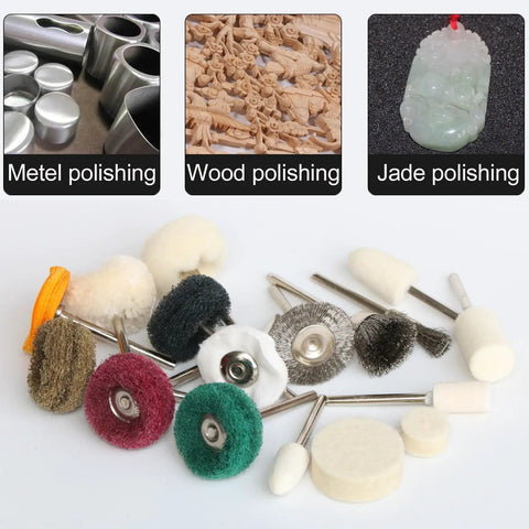 150-Piece Polishing Buffing Wheel Set For Rotary Tool With 3mm Shank, showcasing various abrasive wheels for metal, wood, jade