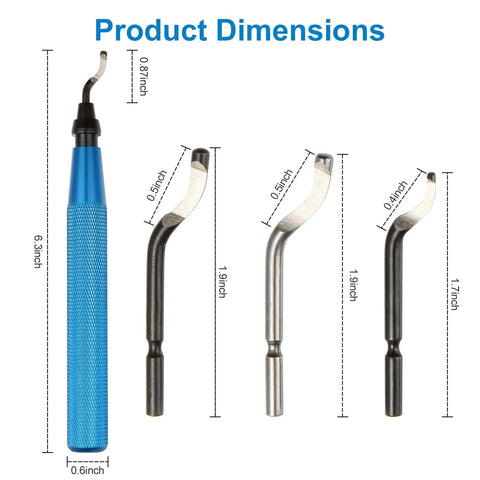 Dimensions of 29 Piece Deburring Tool Set With 11 HSS Blades, 7 Needle Files, 10 Sandpapers, A Metal Handle for Metal Work shown.