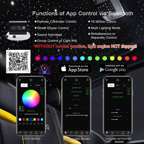 Functions and features of 16W Fiber Optic Lights Starlight Headliner Kit with APP Bluetooth Control displayed with phone app interface.