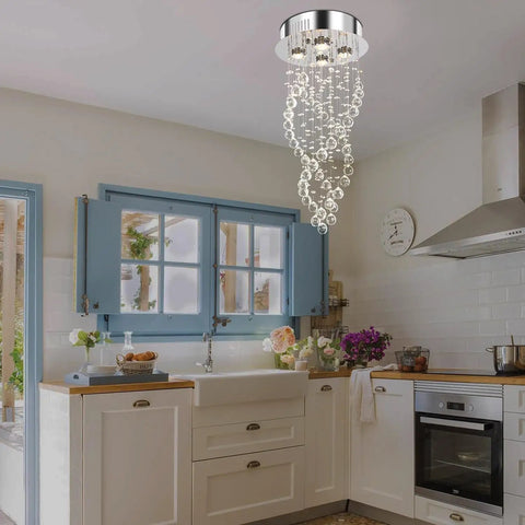 Modern Spiral Raindrop Crystal Chandelier Three Light Flush Mount Ceiling Fixture With K9 Crystal Orbs in kitchen setting