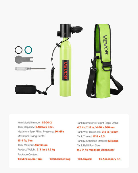 Mini 0.5L Scuba Tank Portable Underwater Breathing Cylinder For Short Dives Up To 10 Minutes with bag and lanyard included.
