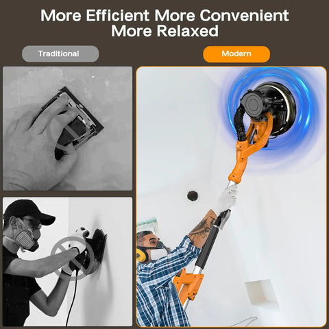 Heavy Duty Electric Drywall Sander With Vacuum Dust Collector For Popcorn Ceiling Removal And Smooth Wall Finishing No Dust Hassle Job Site Must Have, shown in use for ceiling work.