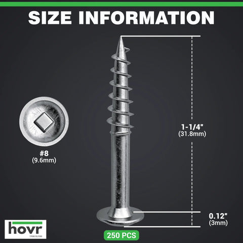 Pocket Screws No 8 One And A Quarter Inch Zinc Plated Square Drive Washer Head for woodworking and DIY projects size info