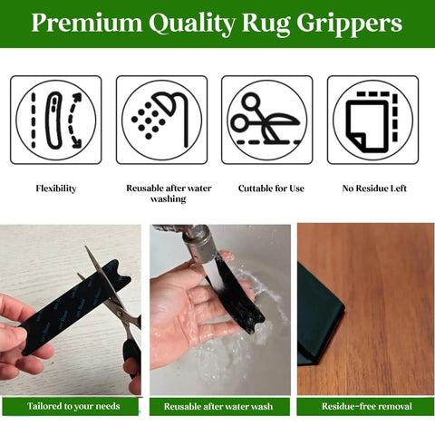 Non Slip Rug Gripper Pads 20 Pack Set being cut, washed, and removed