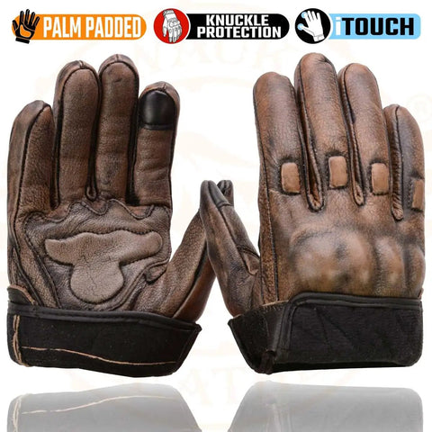 Distressed Brown Leather Gloves With Vibration-Reducing Gel Palm And Knuckle Protectors For Serious Motorcycle Riding, Built For Grip, Full Panel Cowhide, Lightly Lined, Adjustable Wrist Strap, Large shown front and back
