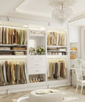 Hella Spacious Wood Closet System With Integrated Mirror Cabinet And Four Deep Storage Drawers, open layout with hanging clothes and shelves.