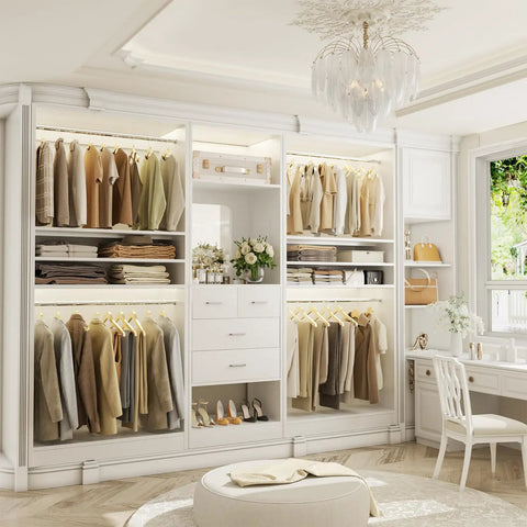 Hella Spacious Wood Closet System With Integrated Mirror Cabinet And Four Deep Storage Drawers, open layout with hanging clothes and shelves.
