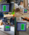 Slick Digital Angle Finder With Crystal Clear Lcd Display Waterproof Protractor And Reliable Inclinometer For Miter Saw Cuts Auto Diagnostics And Angle Checks That Deliver Hella Precise Reads Every Time Blue on a saw and measuring wood.
