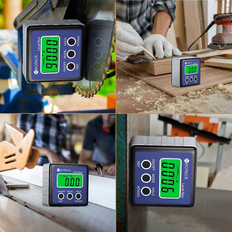 Slick Digital Angle Finder With Crystal Clear Lcd Display Waterproof Protractor And Reliable Inclinometer For Miter Saw Cuts Auto Diagnostics And Angle Checks That Deliver Hella Precise Reads Every Time Blue on a saw and measuring wood.