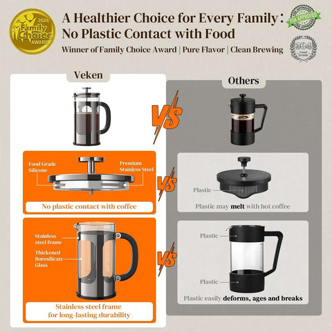 Comparison of Veken French Press Coffee Maker 34 Ounce Plastic Free Brewing Surface with others highlighting stainless steel and glass advantages.